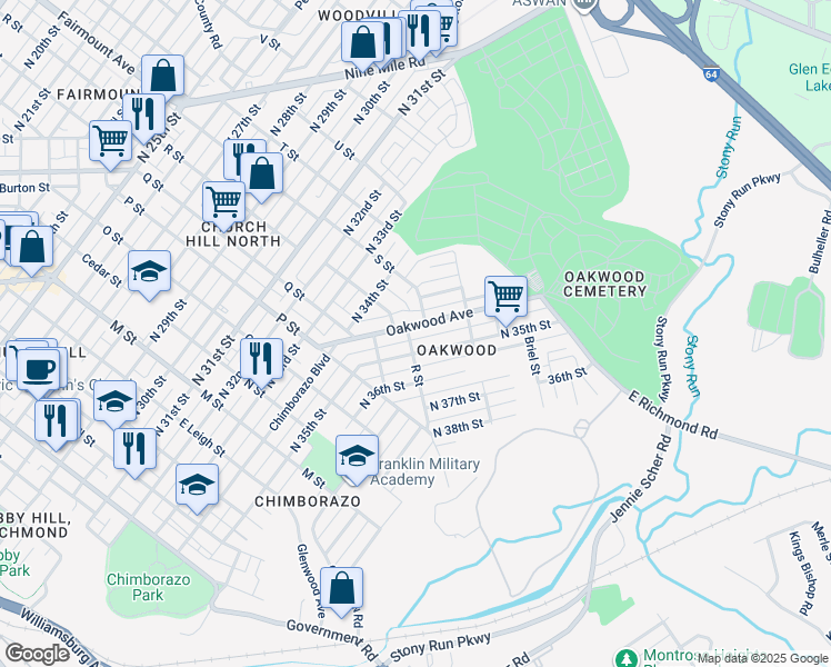 map of restaurants, bars, coffee shops, grocery stores, and more near 1305 Oakwood Avenue in Richmond