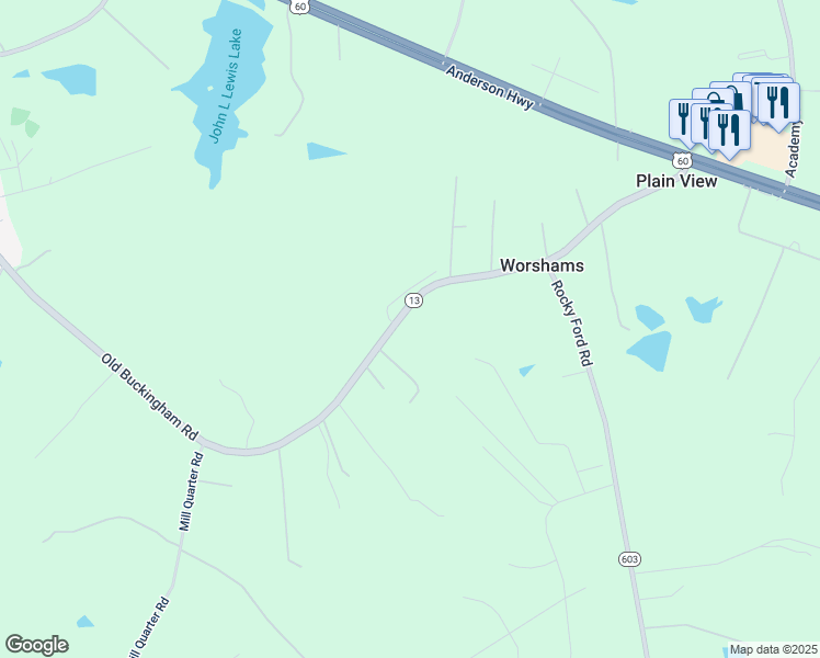 map of restaurants, bars, coffee shops, grocery stores, and more near 3609 Old Buckingham Road in Powhatan