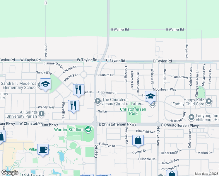 map of restaurants, bars, coffee shops, grocery stores, and more near 4443 Capurso Drive in Turlock