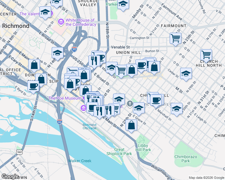 map of restaurants, bars, coffee shops, grocery stores, and more near 200 North 22nd Street in Richmond