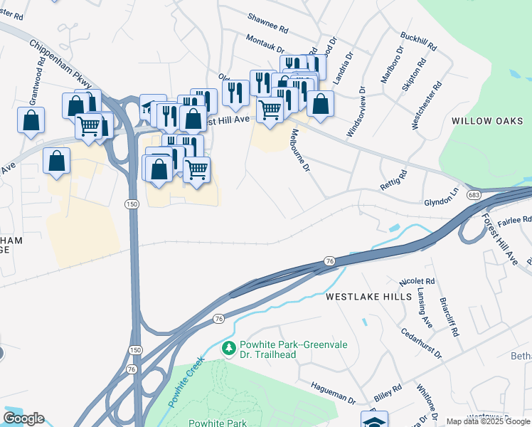 map of restaurants, bars, coffee shops, grocery stores, and more near 2500 Gravel Hill Road in Richmond