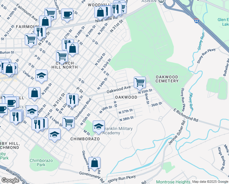 map of restaurants, bars, coffee shops, grocery stores, and more near 1305 Oakwood Avenue in Richmond