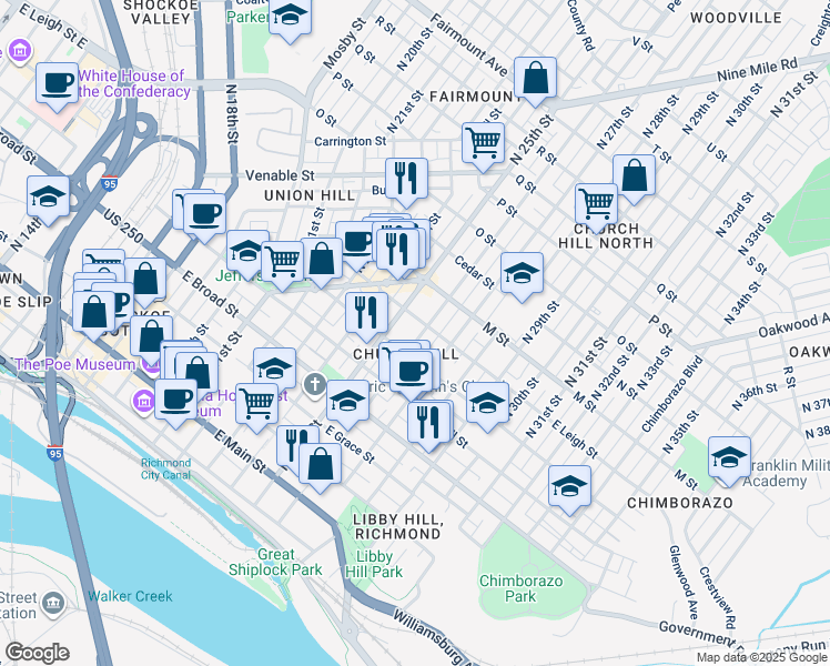 map of restaurants, bars, coffee shops, grocery stores, and more near 512 North 26th Street in Richmond