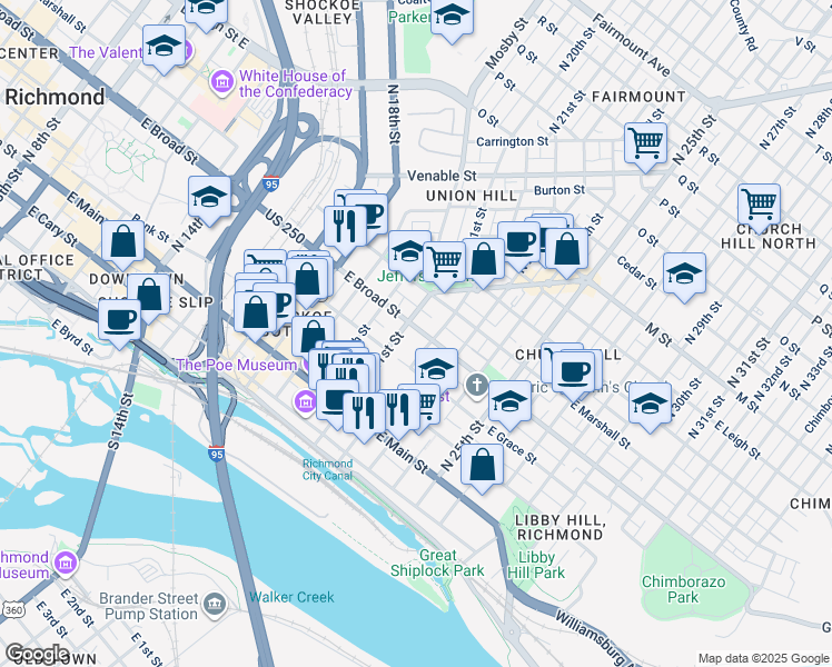 map of restaurants, bars, coffee shops, grocery stores, and more near 2109 East Broad Street in Richmond