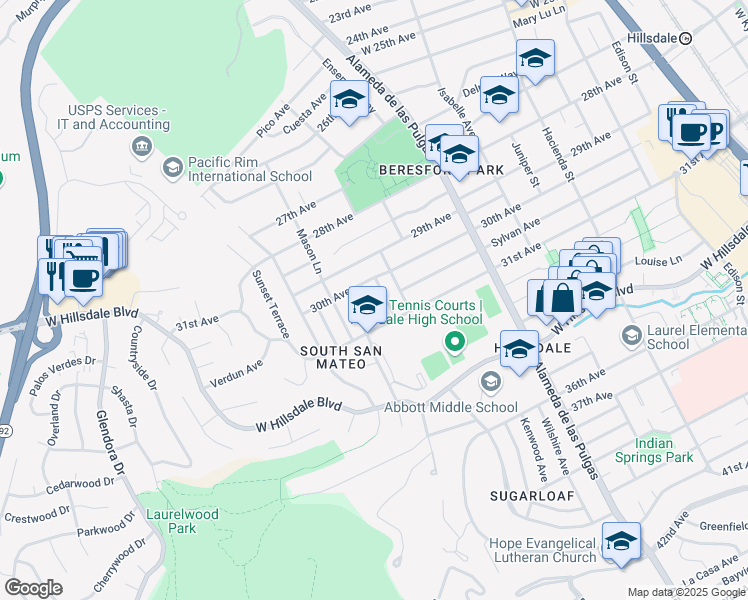 map of restaurants, bars, coffee shops, grocery stores, and more near 3023 Beverly Street in San Mateo