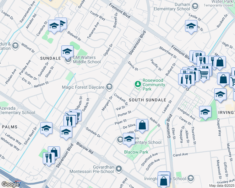 map of restaurants, bars, coffee shops, grocery stores, and more near 40116 Crockett Street in Fremont