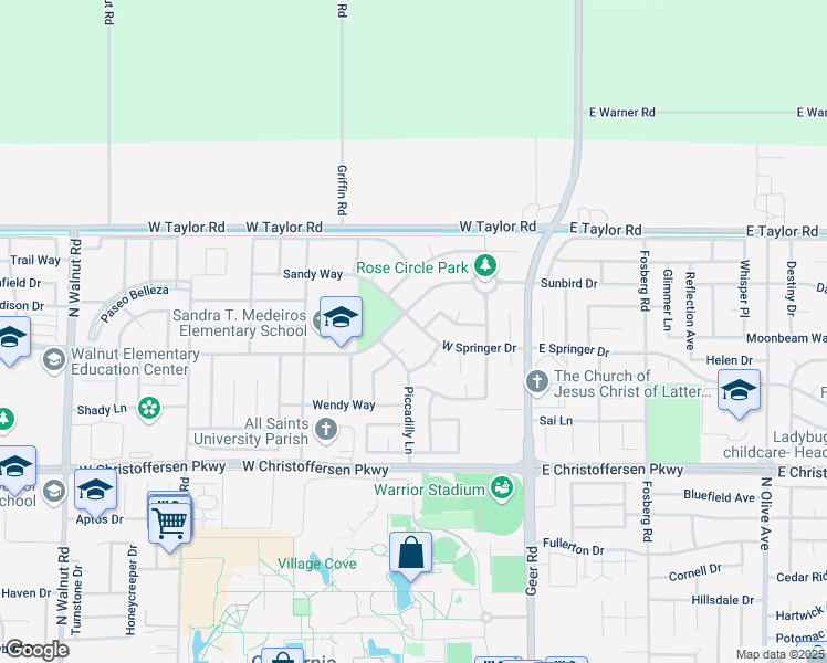 map of restaurants, bars, coffee shops, grocery stores, and more near 406 West Springer Drive in Turlock
