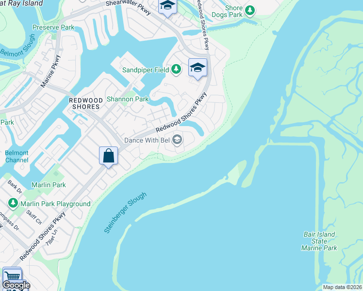 map of restaurants, bars, coffee shops, grocery stores, and more near 33 Waterside Circle in Redwood City