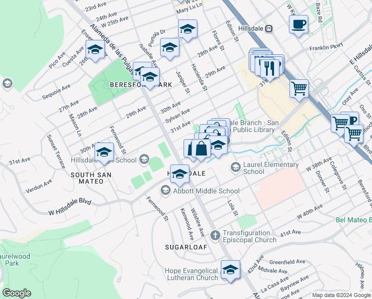 map of restaurants, bars, coffee shops, grocery stores, and more near 417 Heather Lane in San Mateo