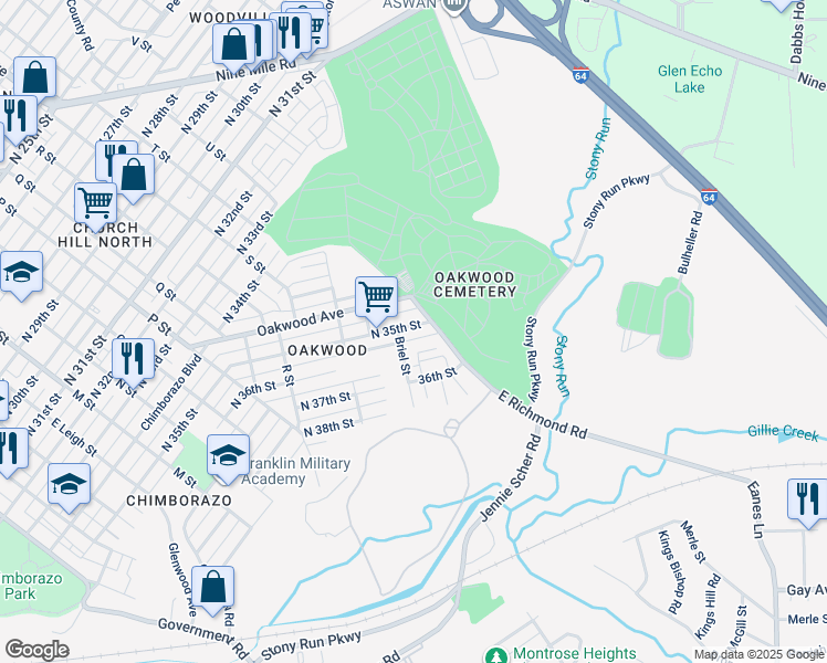 map of restaurants, bars, coffee shops, grocery stores, and more near 1613 North 35th Street in Richmond
