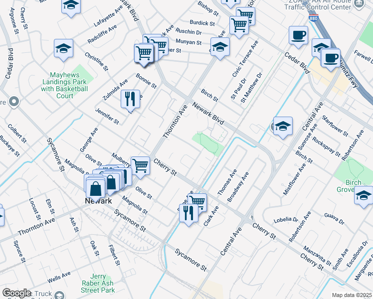 map of restaurants, bars, coffee shops, grocery stores, and more near Mowry School Road in Newark