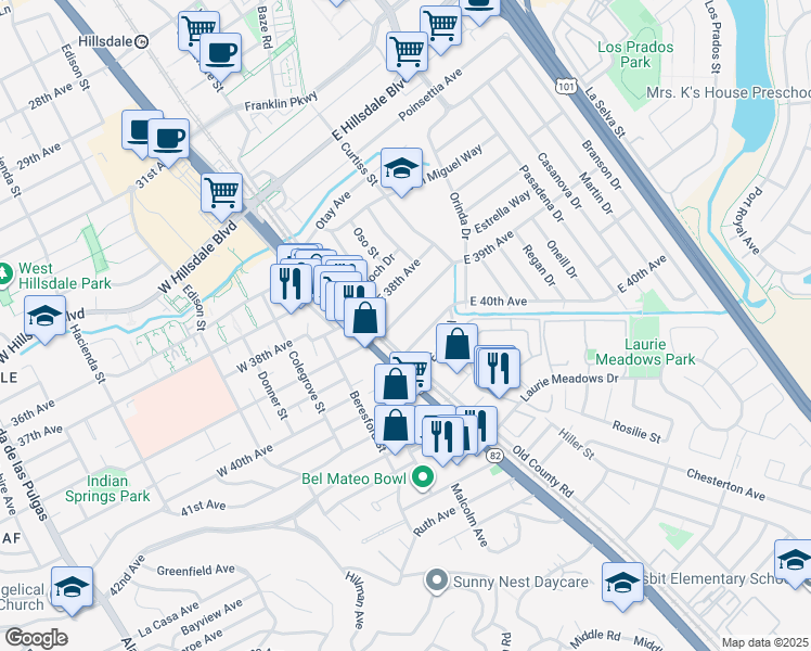 map of restaurants, bars, coffee shops, grocery stores, and more near 36 East 40th Avenue in San Mateo