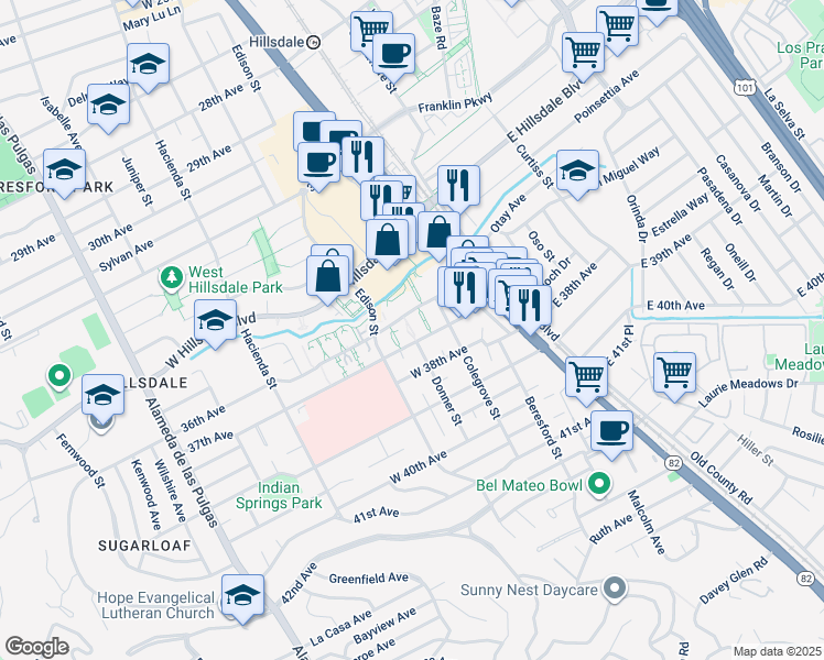 map of restaurants, bars, coffee shops, grocery stores, and more near 120 37th Avenue in San Mateo
