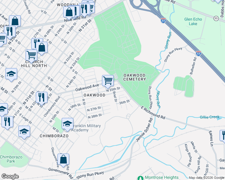 map of restaurants, bars, coffee shops, grocery stores, and more near 3512 Briel Street in Richmond