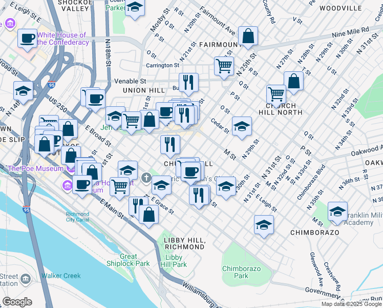 map of restaurants, bars, coffee shops, grocery stores, and more near 512 North 26th Street in Richmond