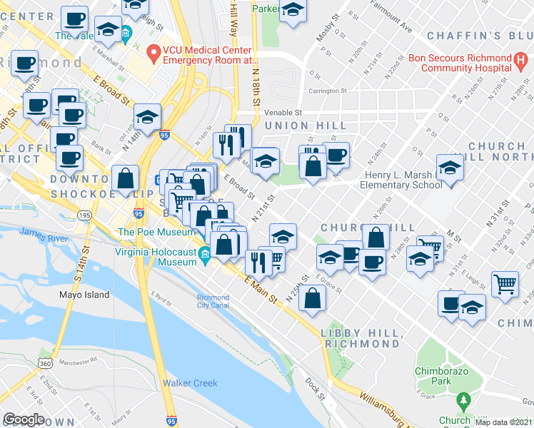 map of restaurants, bars, coffee shops, grocery stores, and more near 200 North 22nd Street in Richmond