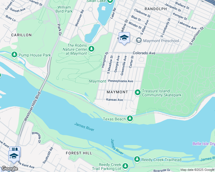 map of restaurants, bars, coffee shops, grocery stores, and more near 1801 South Meadow Street in Richmond
