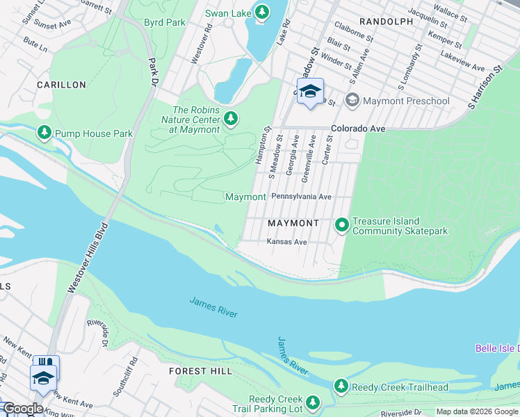 map of restaurants, bars, coffee shops, grocery stores, and more near 1801 South Meadow Street in Richmond