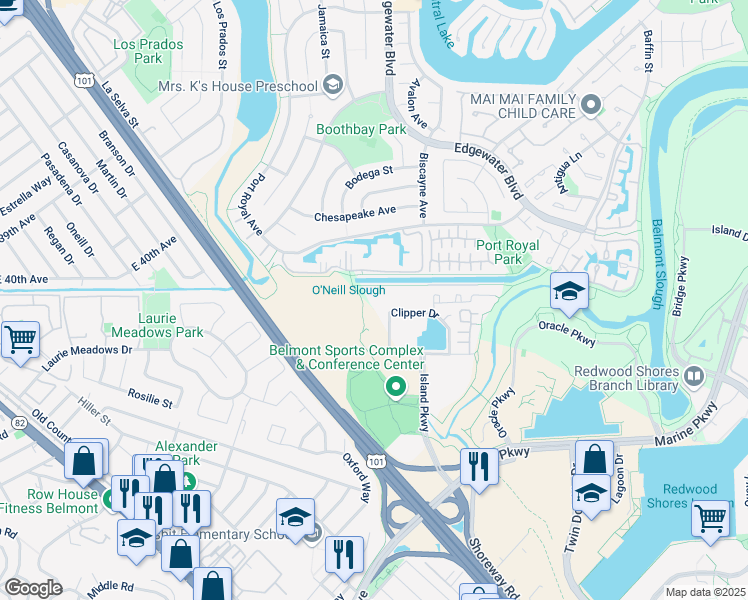 map of restaurants, bars, coffee shops, grocery stores, and more near 500 Clipper Drive in Belmont
