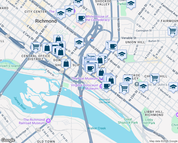 map of restaurants, bars, coffee shops, grocery stores, and more near 1711 East Main Street in Richmond