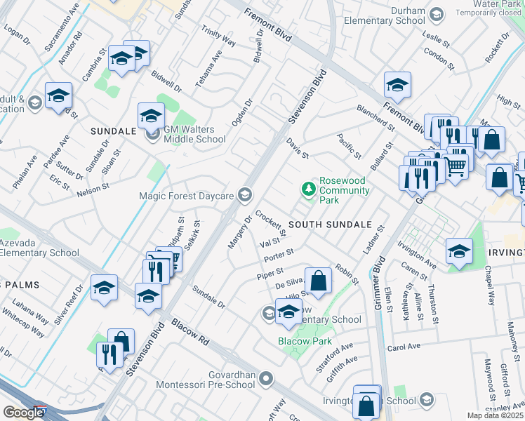 map of restaurants, bars, coffee shops, grocery stores, and more near 40116 Crockett Street in Fremont