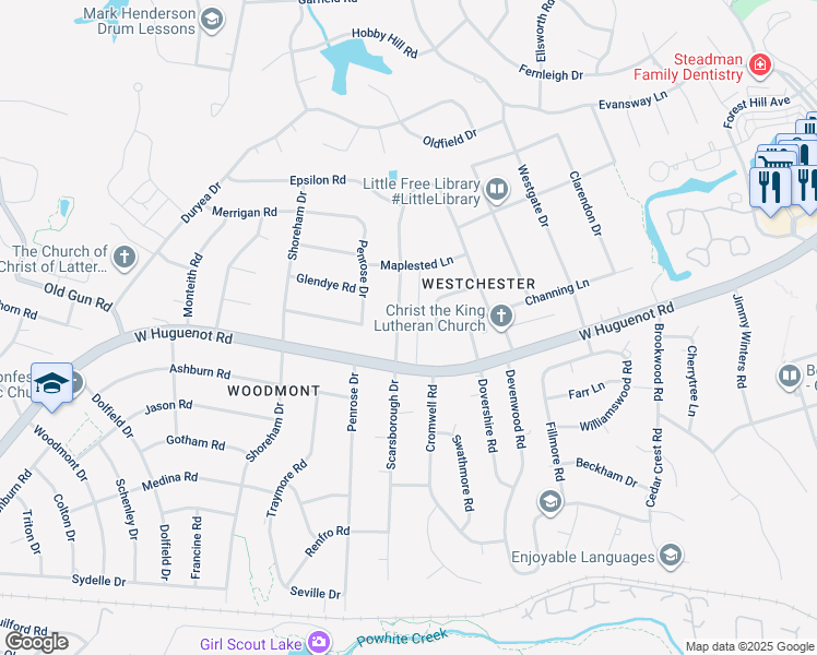 map of restaurants, bars, coffee shops, grocery stores, and more near 2731 Scarsborough Drive in Richmond