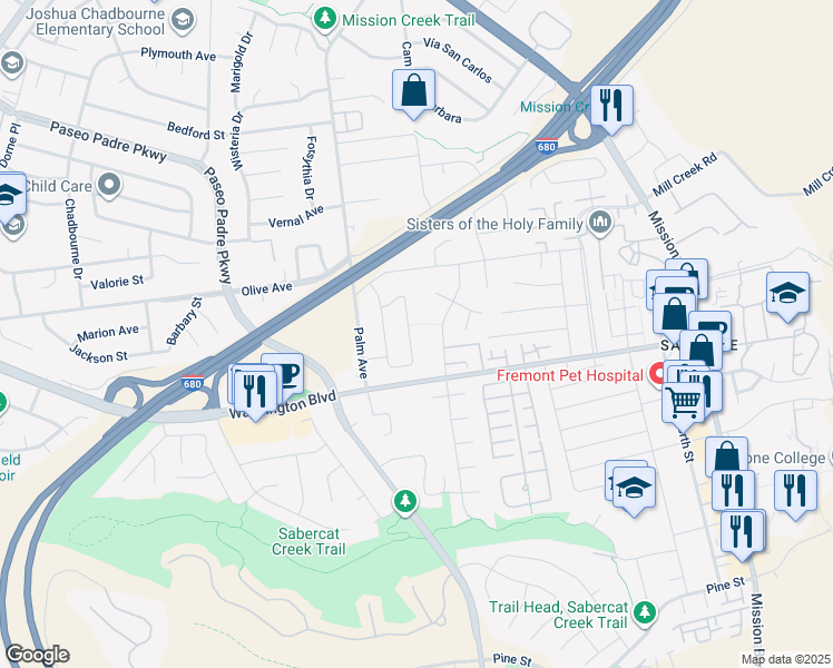 map of restaurants, bars, coffee shops, grocery stores, and more near 42650 Sully Street in Fremont
