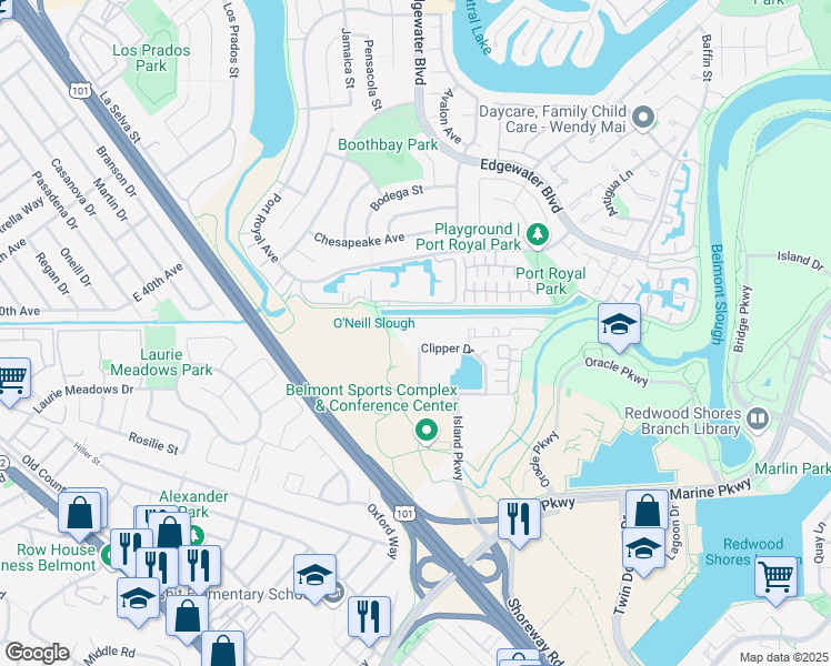 map of restaurants, bars, coffee shops, grocery stores, and more near 600 Clipper Drive in Belmont