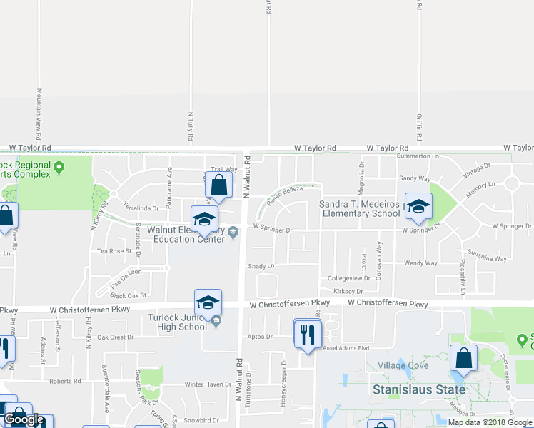 map of restaurants, bars, coffee shops, grocery stores, and more near 1372 Paseo Belleza in Turlock