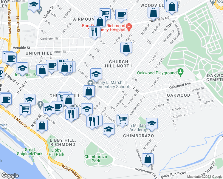 map of restaurants, bars, coffee shops, grocery stores, and more near 805 North 30th Street in Richmond