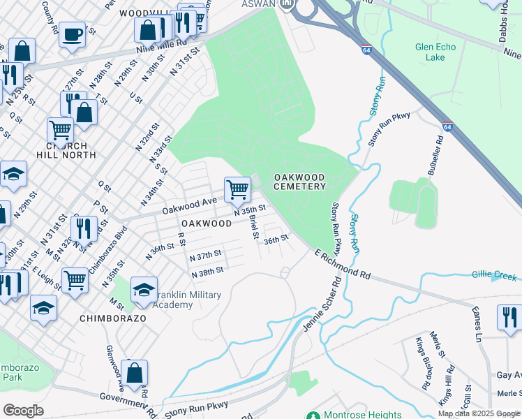 map of restaurants, bars, coffee shops, grocery stores, and more near 1613 North 35th Street in Richmond