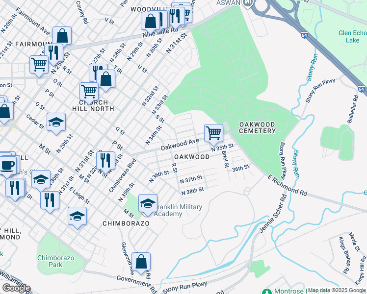 map of restaurants, bars, coffee shops, grocery stores, and more near 1229 North 35th Street in Richmond