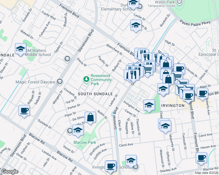 map of restaurants, bars, coffee shops, grocery stores, and more near 4407 Gina Street in Fremont