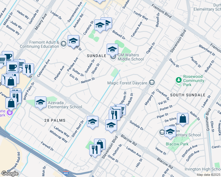 map of restaurants, bars, coffee shops, grocery stores, and more near 4757 Wheeler Drive in Fremont
