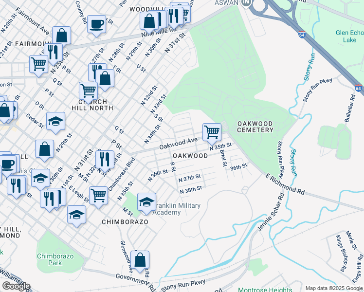 map of restaurants, bars, coffee shops, grocery stores, and more near 1229 North 35th Street in Richmond