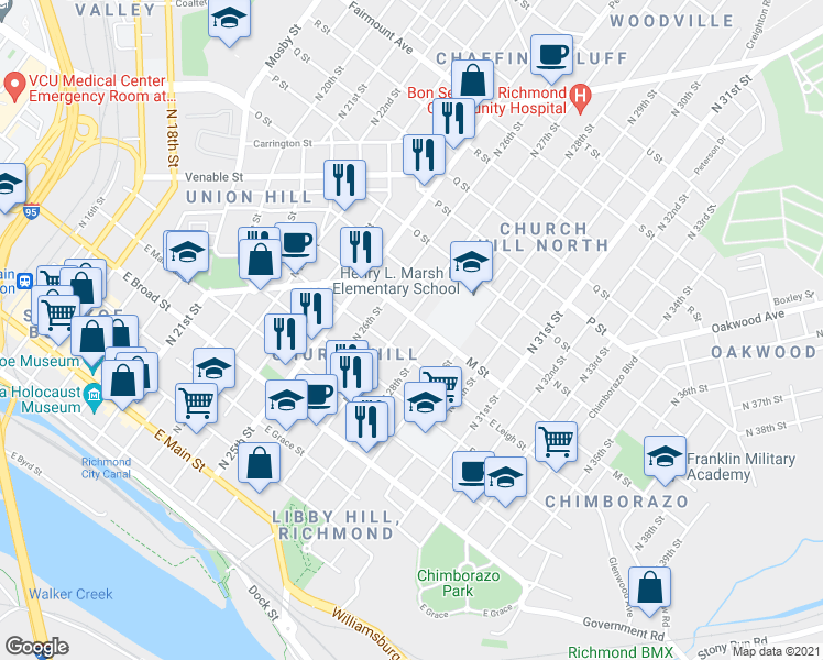 map of restaurants, bars, coffee shops, grocery stores, and more near 608 North 28th Street in Richmond
