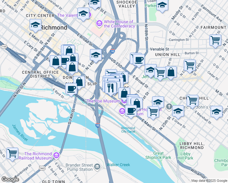 map of restaurants, bars, coffee shops, grocery stores, and more near 1806 East Main Street in Richmond
