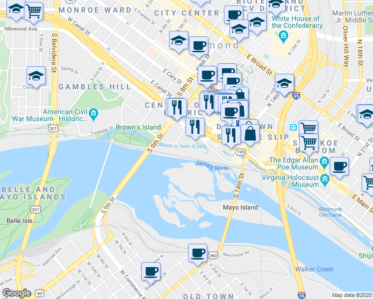 map of restaurants, bars, coffee shops, grocery stores, and more near 1001 Haxall Point in Richmond