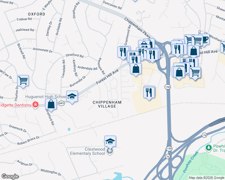 map of restaurants, bars, coffee shops, grocery stores, and more near 2511 South Kenmore Road in Richmond