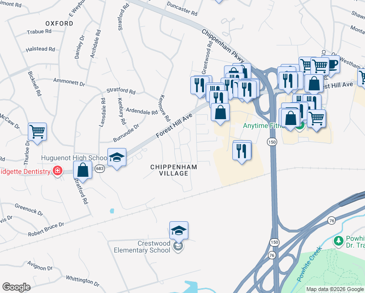 map of restaurants, bars, coffee shops, grocery stores, and more near 2511 South Kenmore Road in Richmond
