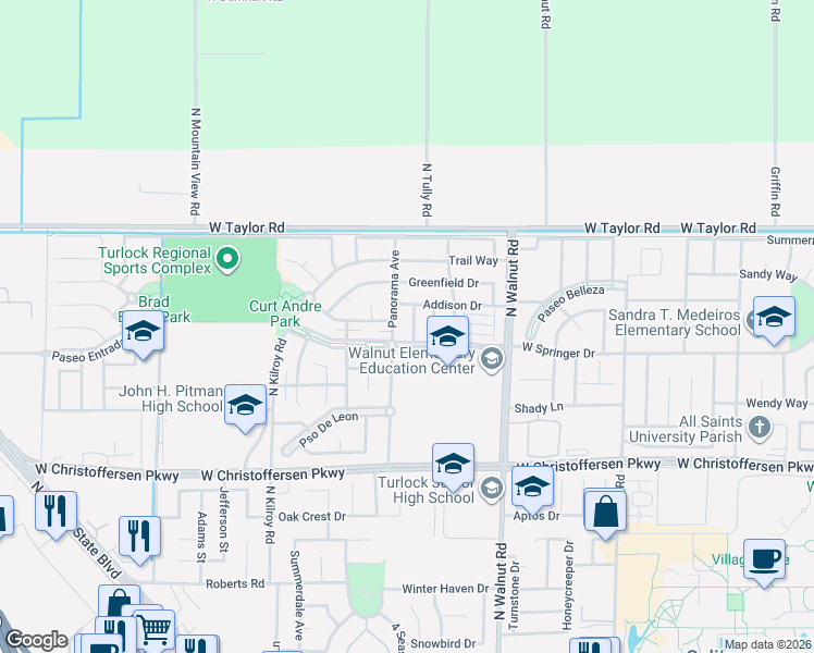 map of restaurants, bars, coffee shops, grocery stores, and more near 2300 Paseo Del Sol in Turlock