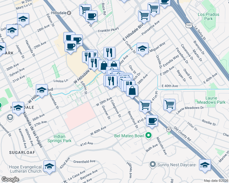 map of restaurants, bars, coffee shops, grocery stores, and more near 3802 King Lane in San Mateo