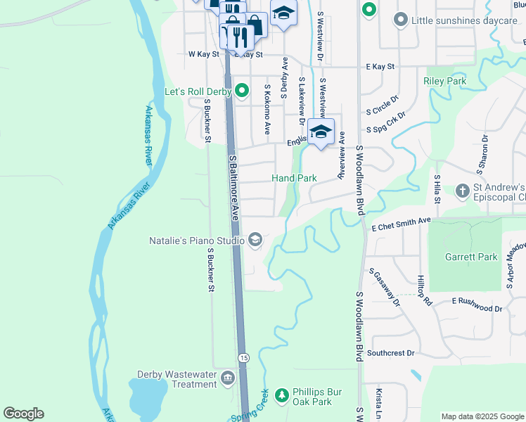 map of restaurants, bars, coffee shops, grocery stores, and more near 221 East Park Lane Street in Derby