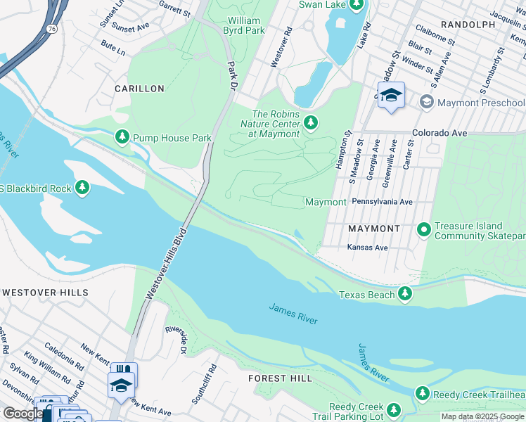 map of restaurants, bars, coffee shops, grocery stores, and more near North Bank Trail in Richmond