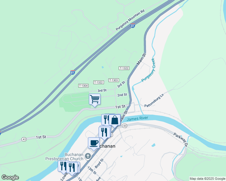 map of restaurants, bars, coffee shops, grocery stores, and more near 181 Bridge Street North in Buchanan