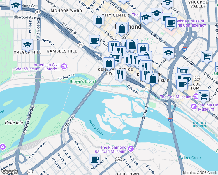 map of restaurants, bars, coffee shops, grocery stores, and more near 1001 Haxall Point in Richmond