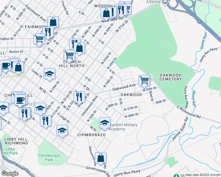 map of restaurants, bars, coffee shops, grocery stores, and more near 1208 Oakwood Avenue in Richmond