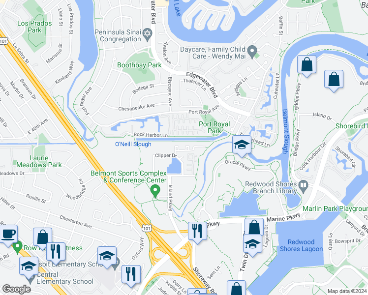 map of restaurants, bars, coffee shops, grocery stores, and more near 326 Treasure Island Drive in Belmont