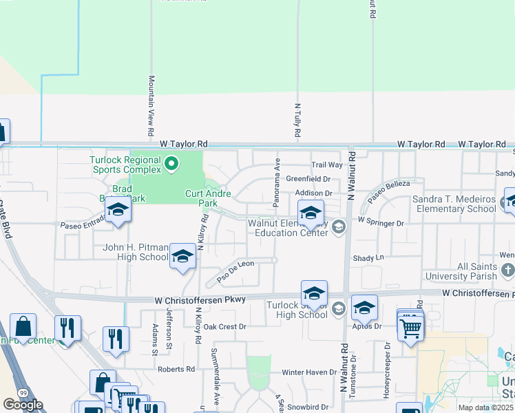 map of restaurants, bars, coffee shops, grocery stores, and more near 2364 Terralinda Drive in Turlock
