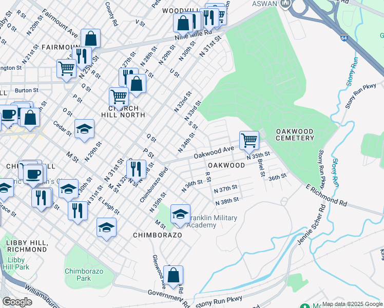map of restaurants, bars, coffee shops, grocery stores, and more near 1212 Oakwood Avenue in Richmond